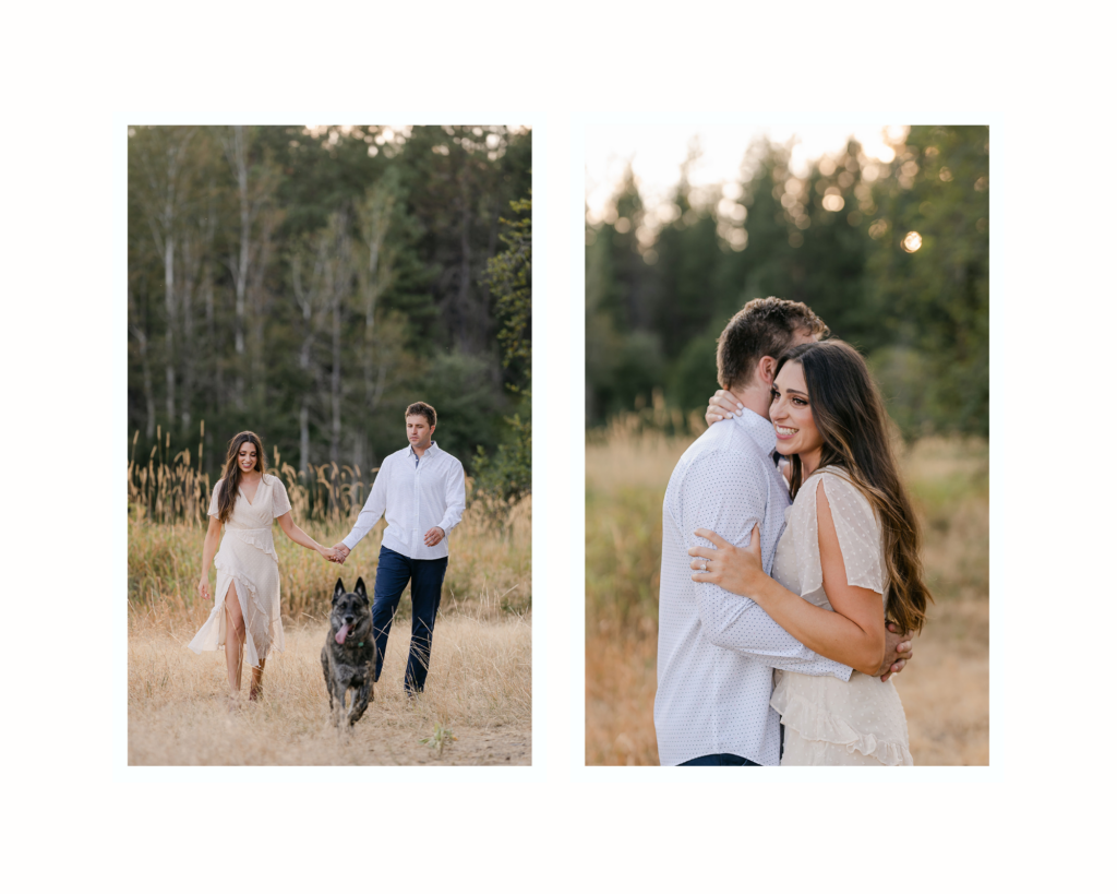 An engaged couple posing and smiling for photographs in various locations around Spokane. The photos showcase the city's diverse scenery, including parks, bridges, historic buildings, and urban streets. The couple's love-filled moments are captured against a backdrop of Spokane's charming and scenic locations